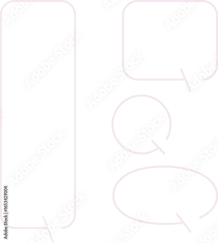 A set of simple speech bubbles for multiple images. Each of these shapes also has a gap in its outline. The square has a gap at the top right, with an arrow pointing downward. Pink color.