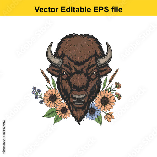Bison head with sunflowers and wheat isolated on white background