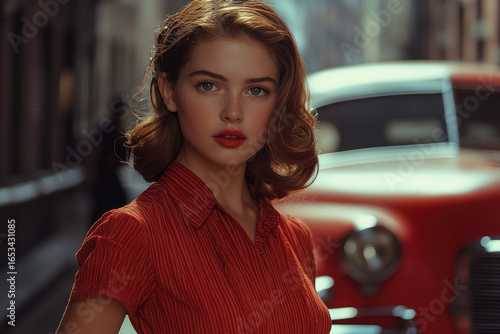 Theatrical Urban Scene with 1930s Fashion and 60s Car