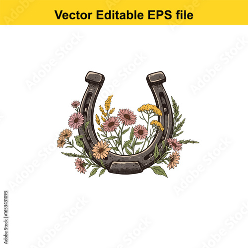 Horseshoe with flowers, symbol of good luck, isolated on white background