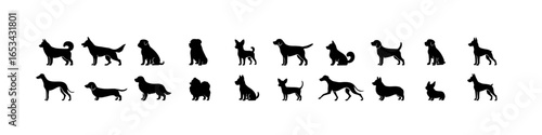 Silhouette collection of different dog breeds in various poses