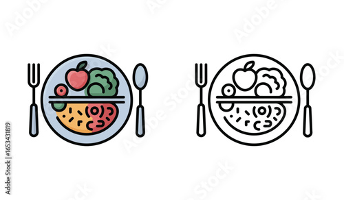 A Healthy Plate of Food an Illustration of a balanced Diet and Eating Utensils