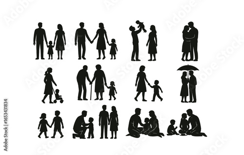 Silhouette family set: diverse relationships and activities in black