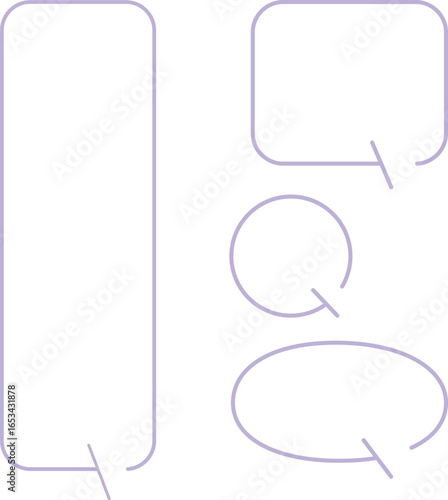 A set of simple speech bubbles for multiple images. Each of these shapes also has a gap in its outline. The square has a gap at the top right, with an arrow pointing downward. Purple color.
