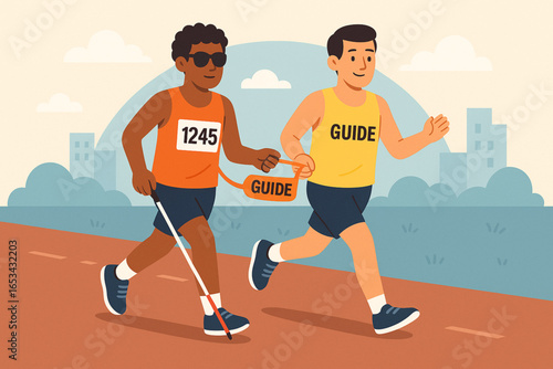 Visually Impaired Marathon Runner with Guide Flat Animated Illustration