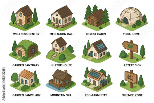 Icons spa sanctuary vector cabin digital house detox zone yoga icon forest