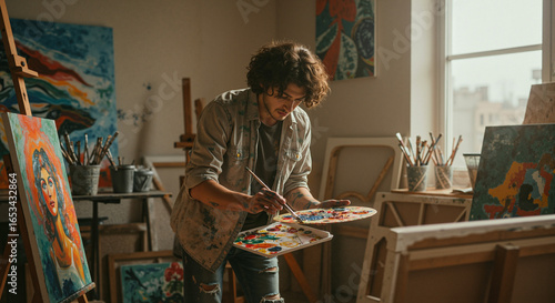 Young man painting on canvas in art studio with colorful artworks  