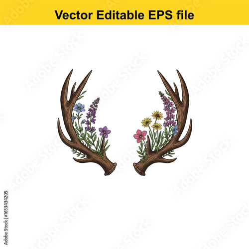 Deer antlers with flowers isolated on white background
