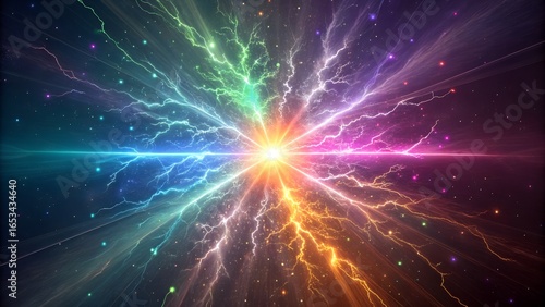 Colorful light explosion with cyan, lime green, magenta, and orange rays, crystalline shards, and glowing particles, producing intense abstract visual energy