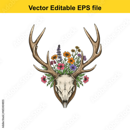 Deer skull with antlers and a vibrant bouquet of wildflowers isolated on white background