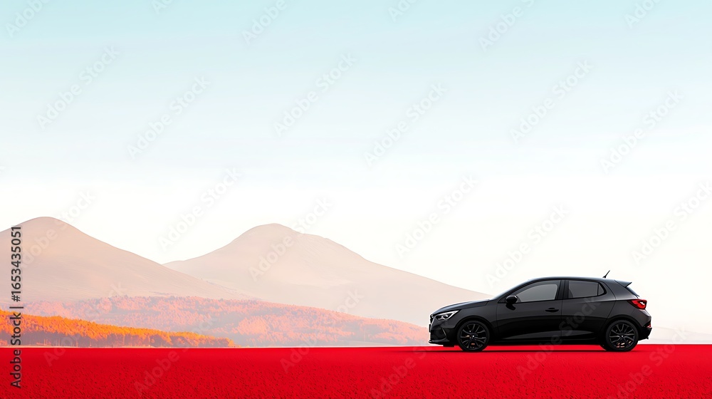 Naklejka premium Black suv drives on a vibrant red road with distant mountains