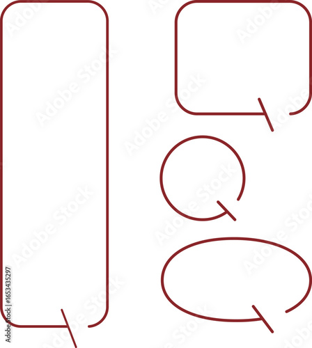 A set of simple speech bubbles for multiple images. Each of these shapes also has a gap in its outline. The square has a gap at the top right, with an arrow pointing downward. Red color.