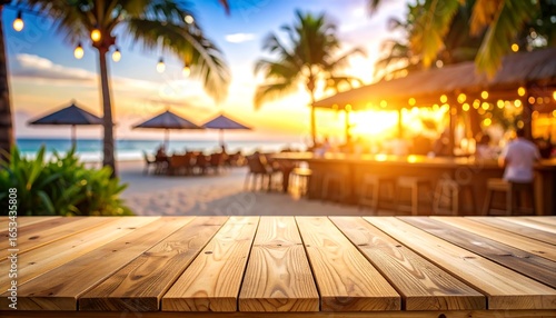 Beach bar at sunset, wooden table