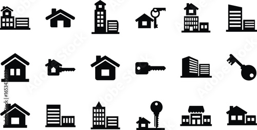 Silhouettes of Houses, Buildings, and Keys - Real Estate Icons