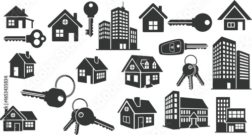 Silhouettes of Houses, Buildings, and Keys - Real Estate Icons