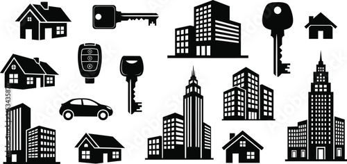 Silhouettes of Houses, Buildings, and Keys - Real Estate Icons
