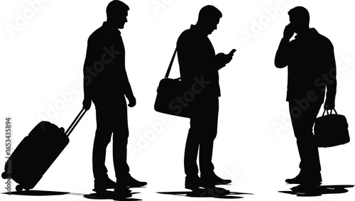 Silhouettes of a Business Traveler with Luggage, Laptop, and Phone