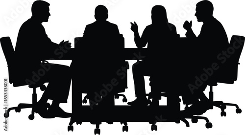 Silhouettes of Figures Seated Around a Conference Table in Discussion