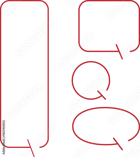 A set of simple speech bubbles for multiple images. Each of these shapes also has a gap in its outline. The square has a gap at the top right, with an arrow pointing downward. Red color.