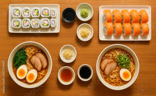 Top view of ramen bowls, sushi rolls, and dipping sauces on wooden table