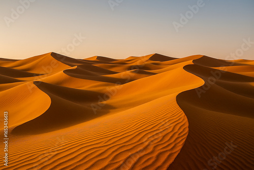 Warm sunset light over wavy golden sand dunes in vast desert landscape