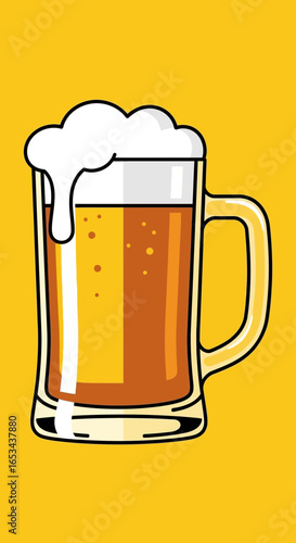 Full Glass Beer Mug with Frothy Foam on Bright Yellow Background