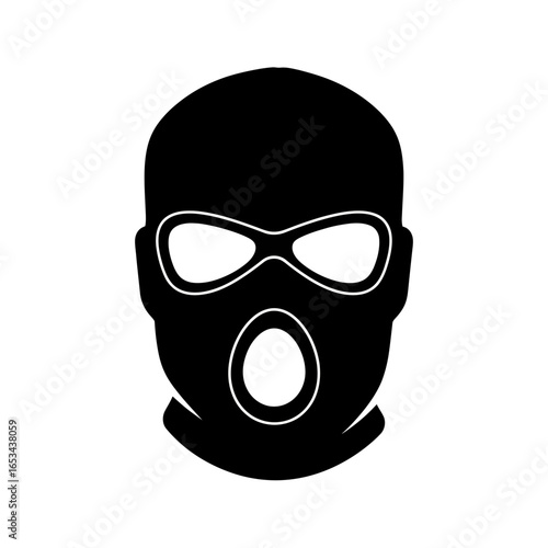 Black balaclava ski mask with eye and mouth openings on isolated white background, protective headwear.