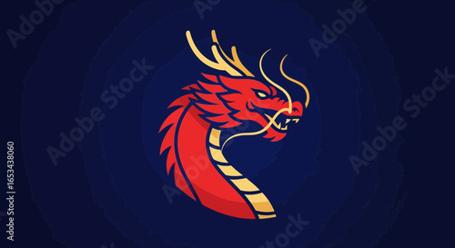 Red dragon head with golden details on dark blue background, mythical creature symbol.