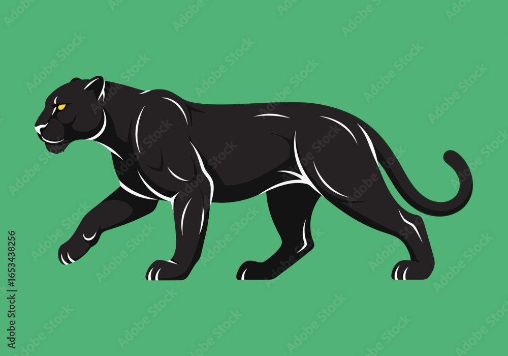 Naklejka premium Powerful Black Panther Vector Illustration Walking on Green Background