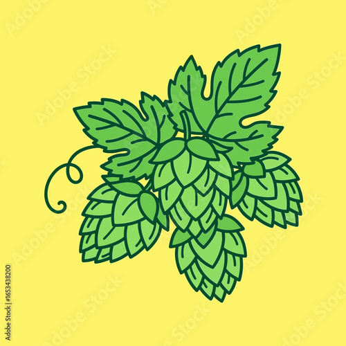 Green hop plant cones and leaves on a yellow background, brewing ingredient illustration.