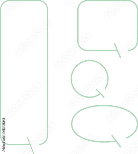 A set of simple speech bubbles for multiple images. Each of these shapes also has a gap in its outline. The square has a gap at the top right, with an arrow pointing downward. Green color.