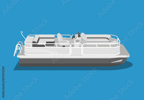 Flat Design Pontoon Boat Icon Isolated on Blue for Summer Boating Activities