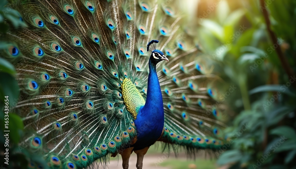 Obraz premium Majestic peacock displays vibrant iridescent fanned tail feathers in dazzling blues, greens, purples. Bird stands in tropical garden with green foliage. Nature, wildlife scene intricate eye patterns