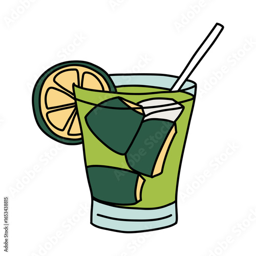 Mojito With Mint Leaves Fresh Cocktail Glass with Lemon Ice and Straw