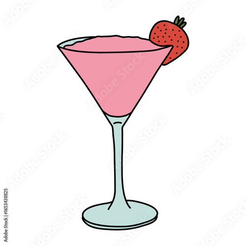 Glass of Pink Cosmopolitan Cocktail with a Strawberry 