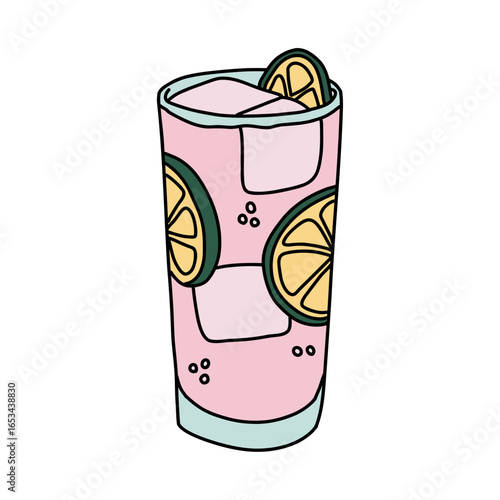 Vector Hand Drawn Icon of Fresh Pink Lemonade Cocktail Glass with Ice and Bubbles