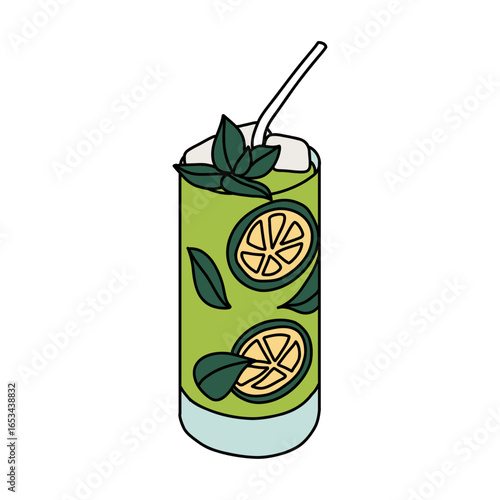 Lemonade With Mint Leaves Fresh Cocktail Glass with Ice and Straw