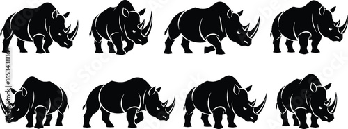 A collection of black rhinoceros silhouettes in various poses, showcasing their powerful build and distinctive horns against a clean white background.