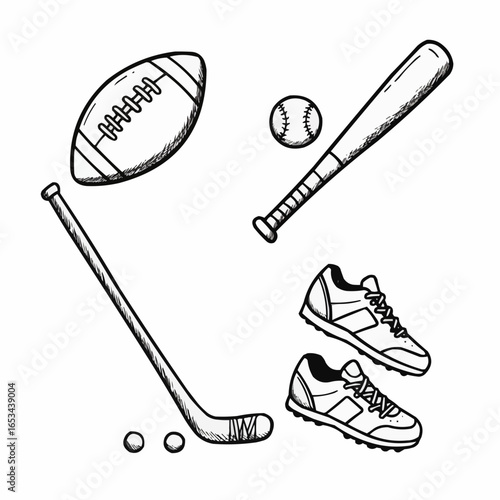 Sports equipment collection including balls, bats, and shoes  