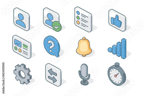 User control preferences isometric support activity feedback interaction vector collection status icon