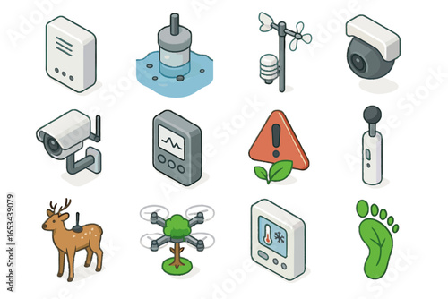 Forest monitoring noise remote icon footprint ecological environmental weather vector drone