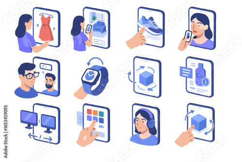 Interactive furniture simulation rotate preview icon discovery sneaker product vector color gesture