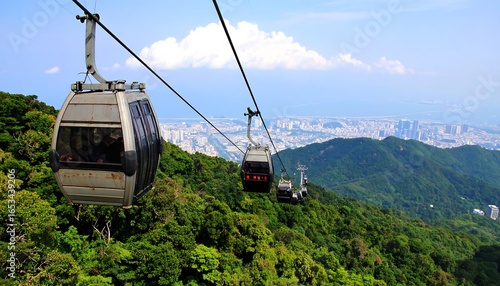 Cable cars over lush mountain range