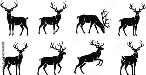 Collection of eight black deer silhouettes in various poses and orientations against a white background.