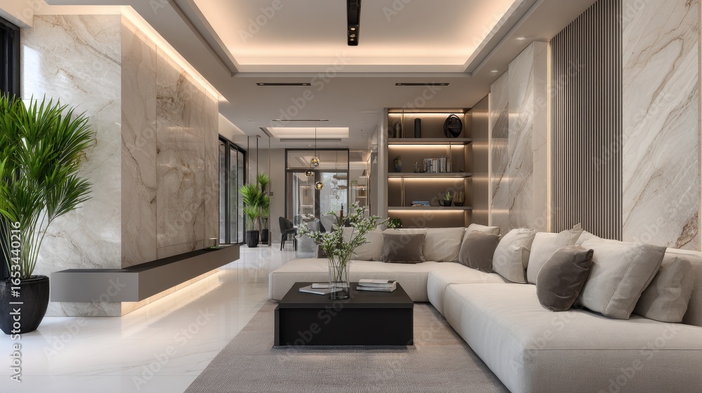 Fototapeta premium Modern interior design of cozy living room featuring elegant marble walls, stylish furniture, warm lighting, and lush green plants that enhance contemporary aesthetics.