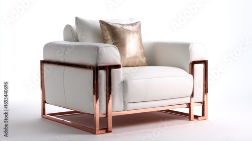 Stylish Modern Armchair with Elegant White Upholstery and Shiny Rose Gold Frame Perfect for Contemporary Living Spaces and Interior Design Projects