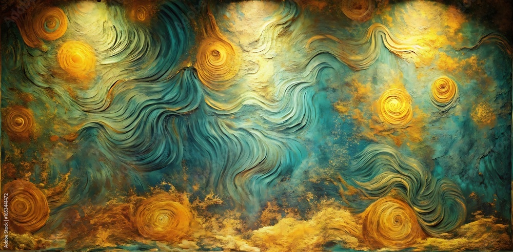 Abstract Teal and Gold Textured Wall Art: Swirling, Impressionistic Style, Serene Mood. Abstract Teal and Gold Textured Wall Art: Swirling, Impressionistic Style, Serene Mood.