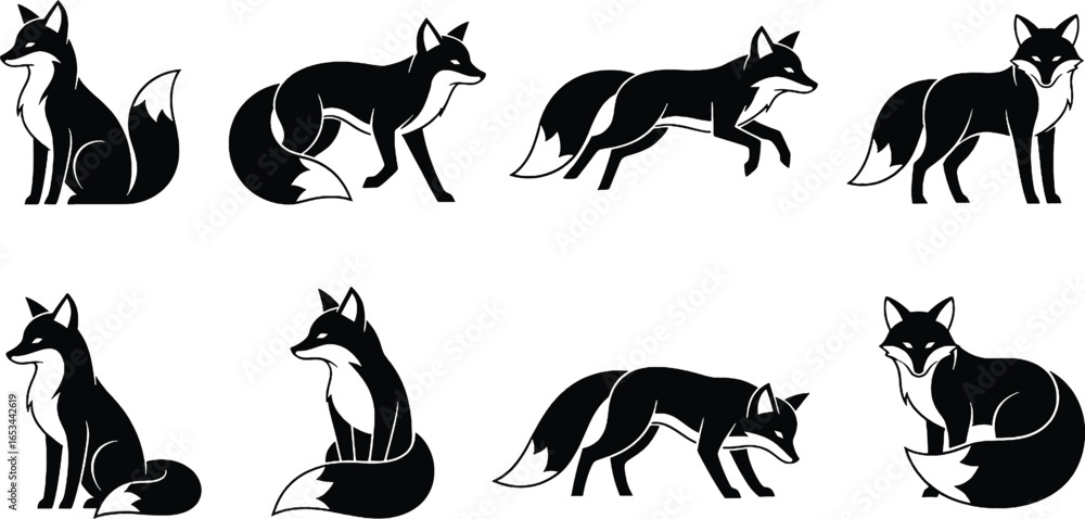 Obraz premium A collection of eight black and white illustrations of foxes in various poses, including sitting, standing, running, and crouching.