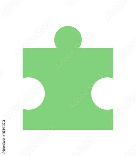 Flat green jigsaw puzzle piece silhouette. Simple puzzle tile for boardgame or table game. Versatile leisure or toy element, playful activity concept, isolated format. Ideal for template graphic use.