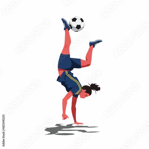 Illustration of a soccer player performing a handstand with a ball on a white background